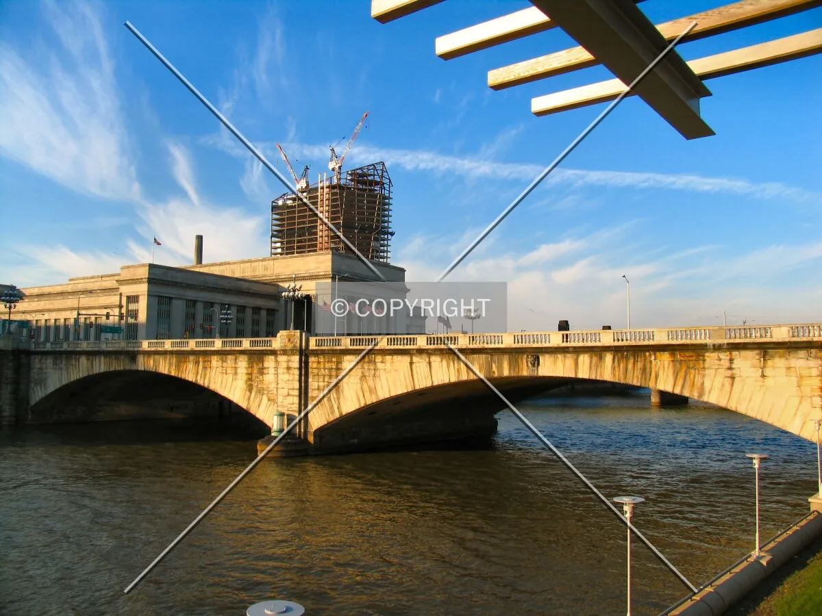 From the southeast, standing over 30th Street Station and the Market Street Bridge