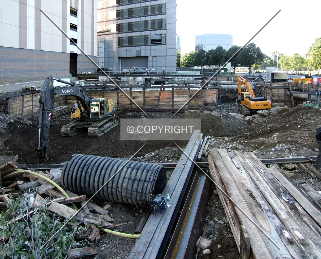 View from the north across "low mat" excavation work toward the "high mat" at the site's south end