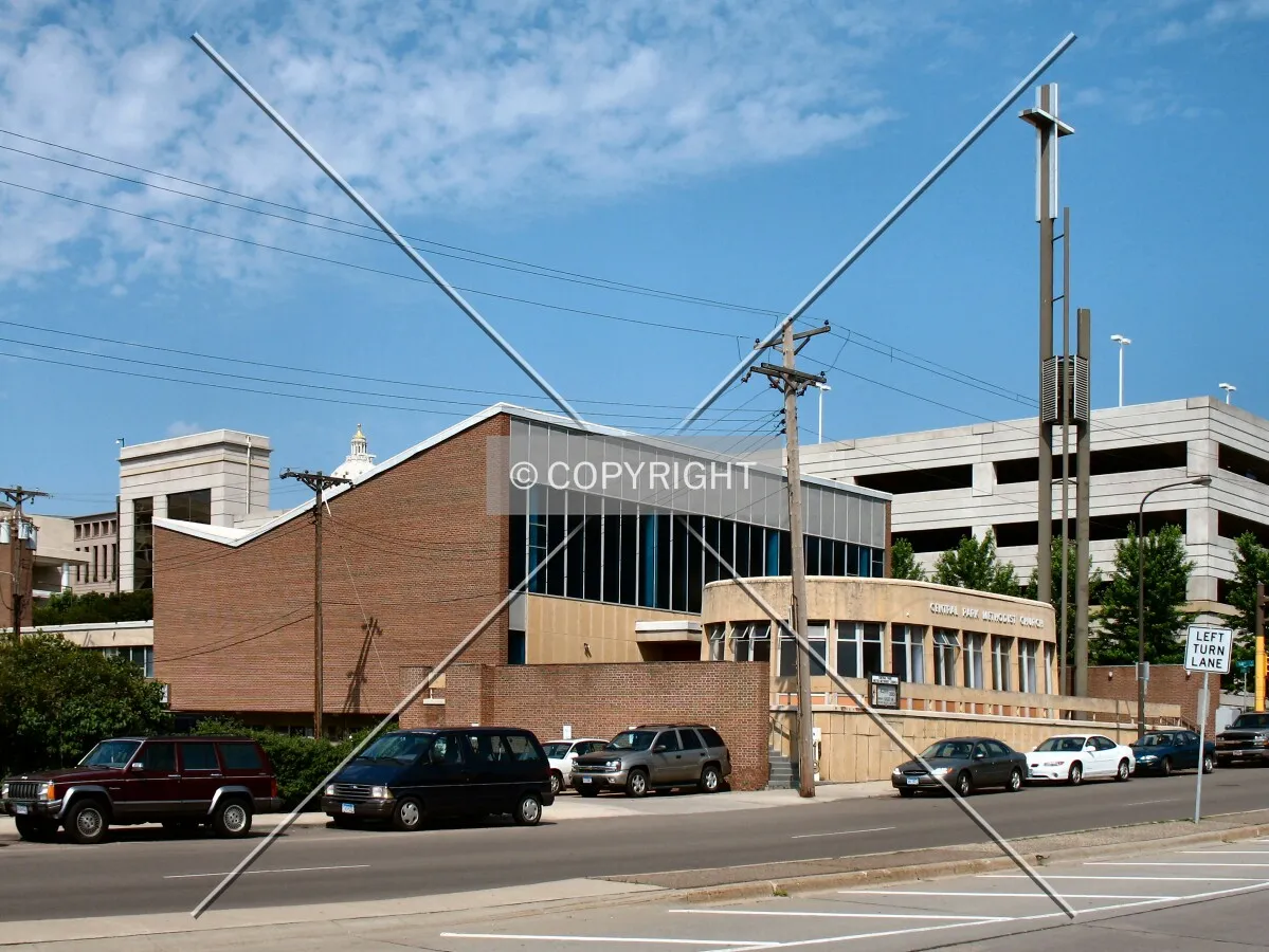 View to the west across Jackson Street, with the free-standing spire