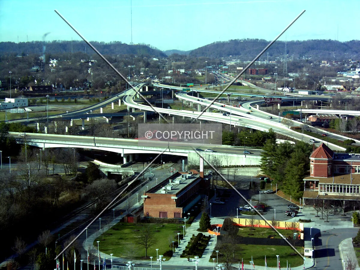 Looking north from the Sunsphere to the Interstate 40/275 junction with Sharps Ridge at the rear