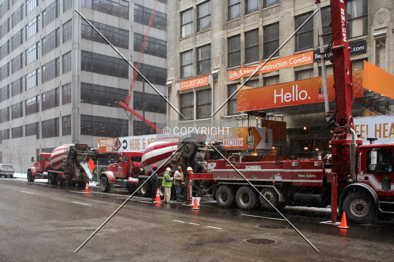 Concrete mixers near the west entrance
