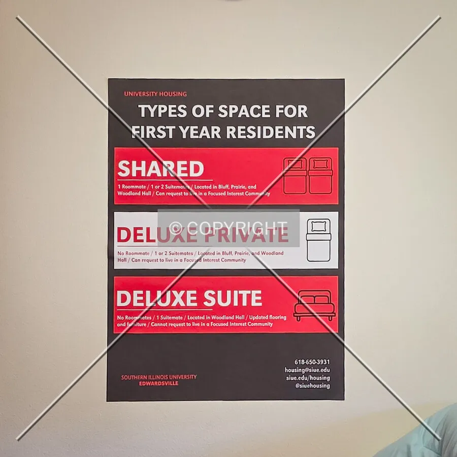 Types of available dorm rooms posted on a dorm room wall; November 11, 2024
