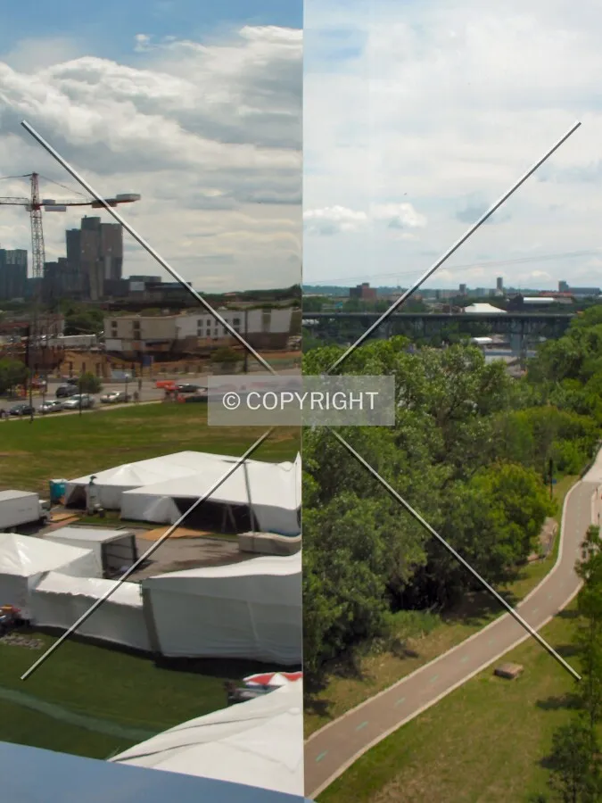 View to the northeast from the Endless Bridge; mirrored east view on the left, direct northeast view on the right