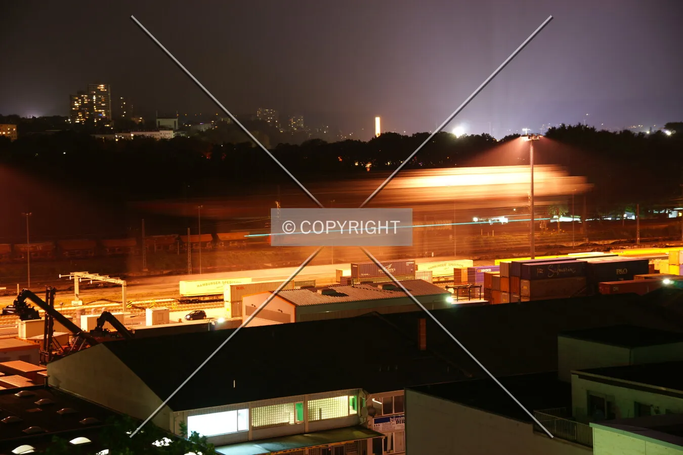 The container terminal for rail freight in Frankfurt at night