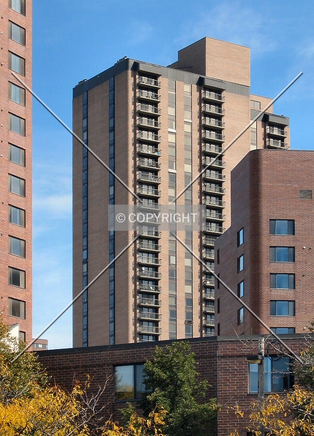 View to the northeast from West 14th Street, framed by Nicollet Towers