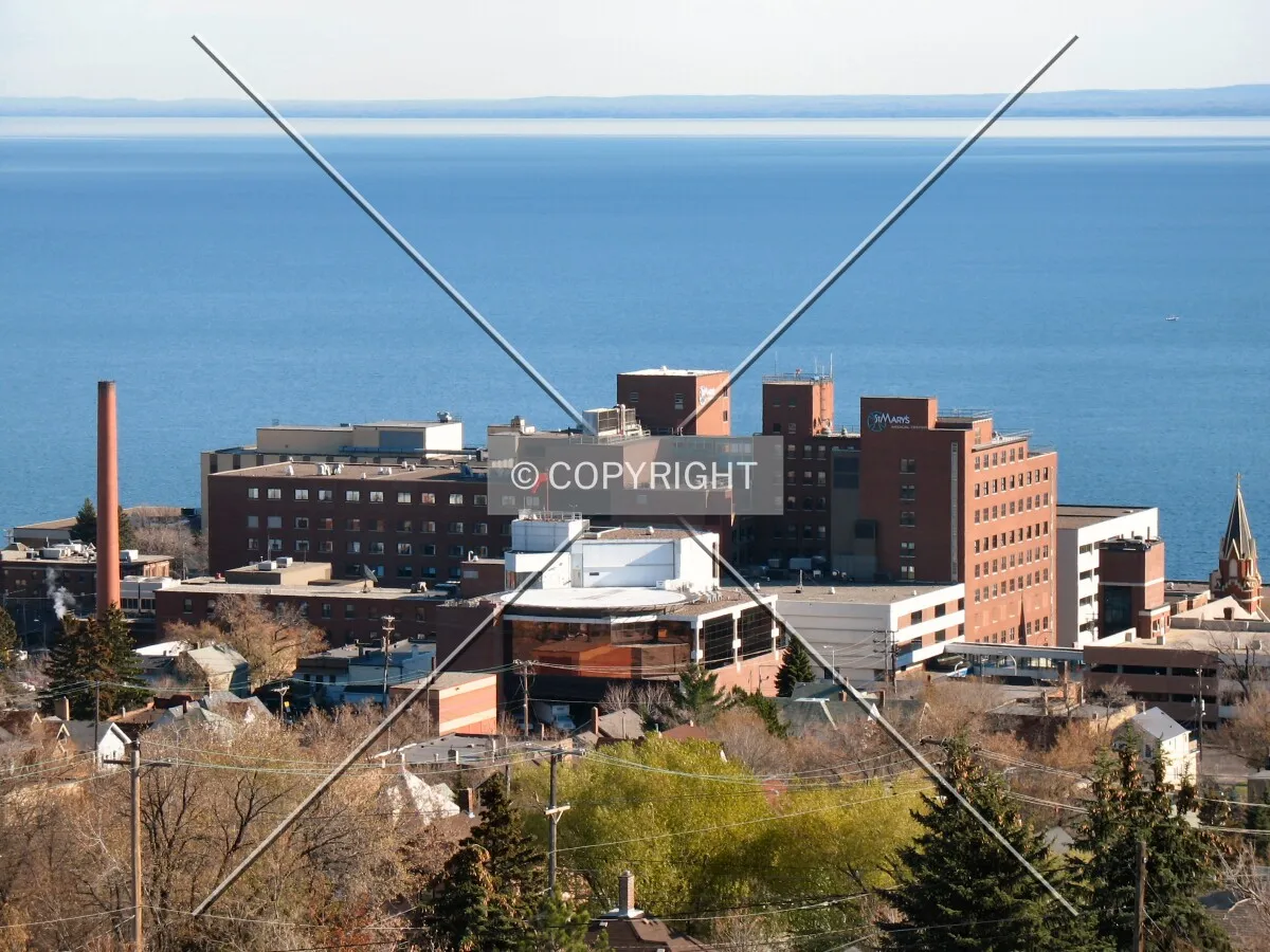 View downhill from Skyline Drive and Central Entrance, Lake Superior in the distance