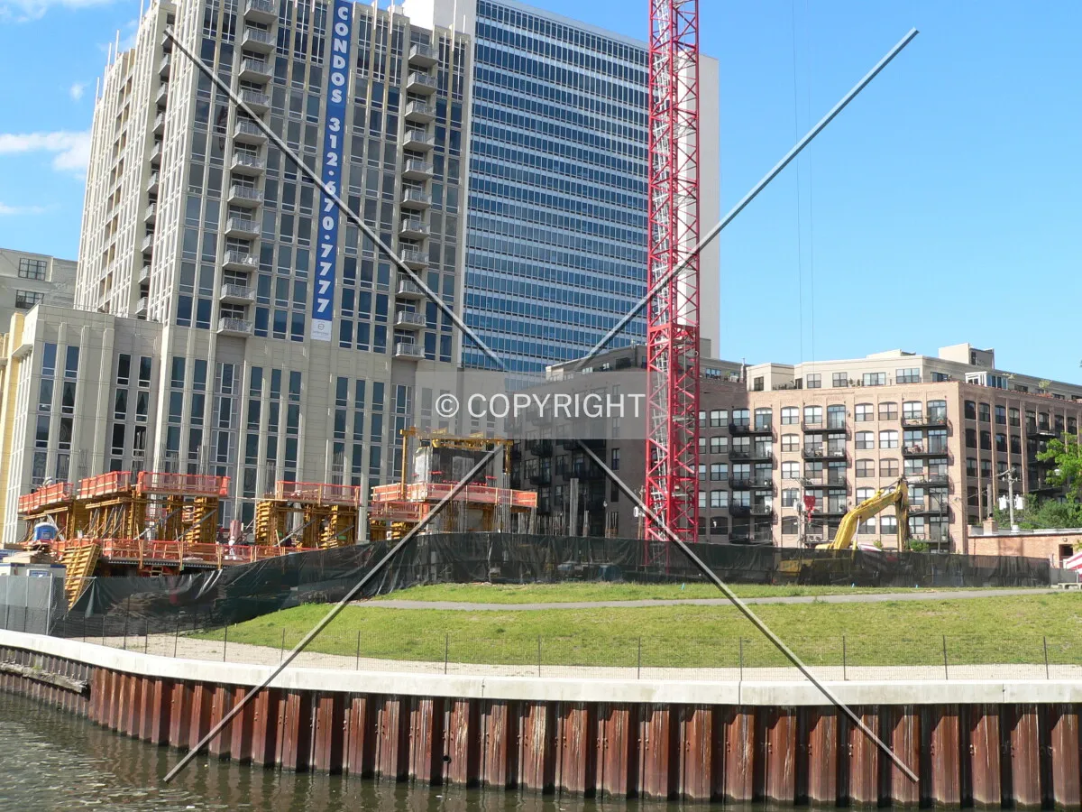 Looking northeast toward the site from the Chicago River