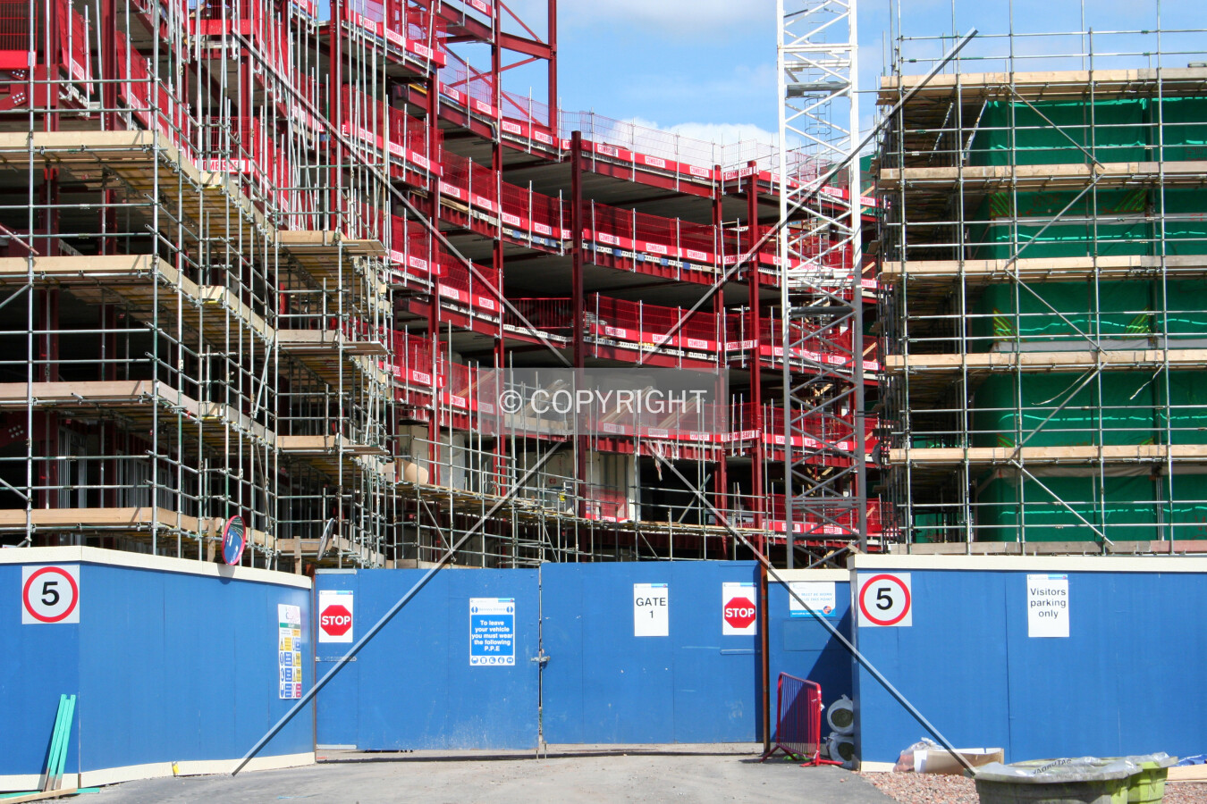 Looking into the site at the construction progress