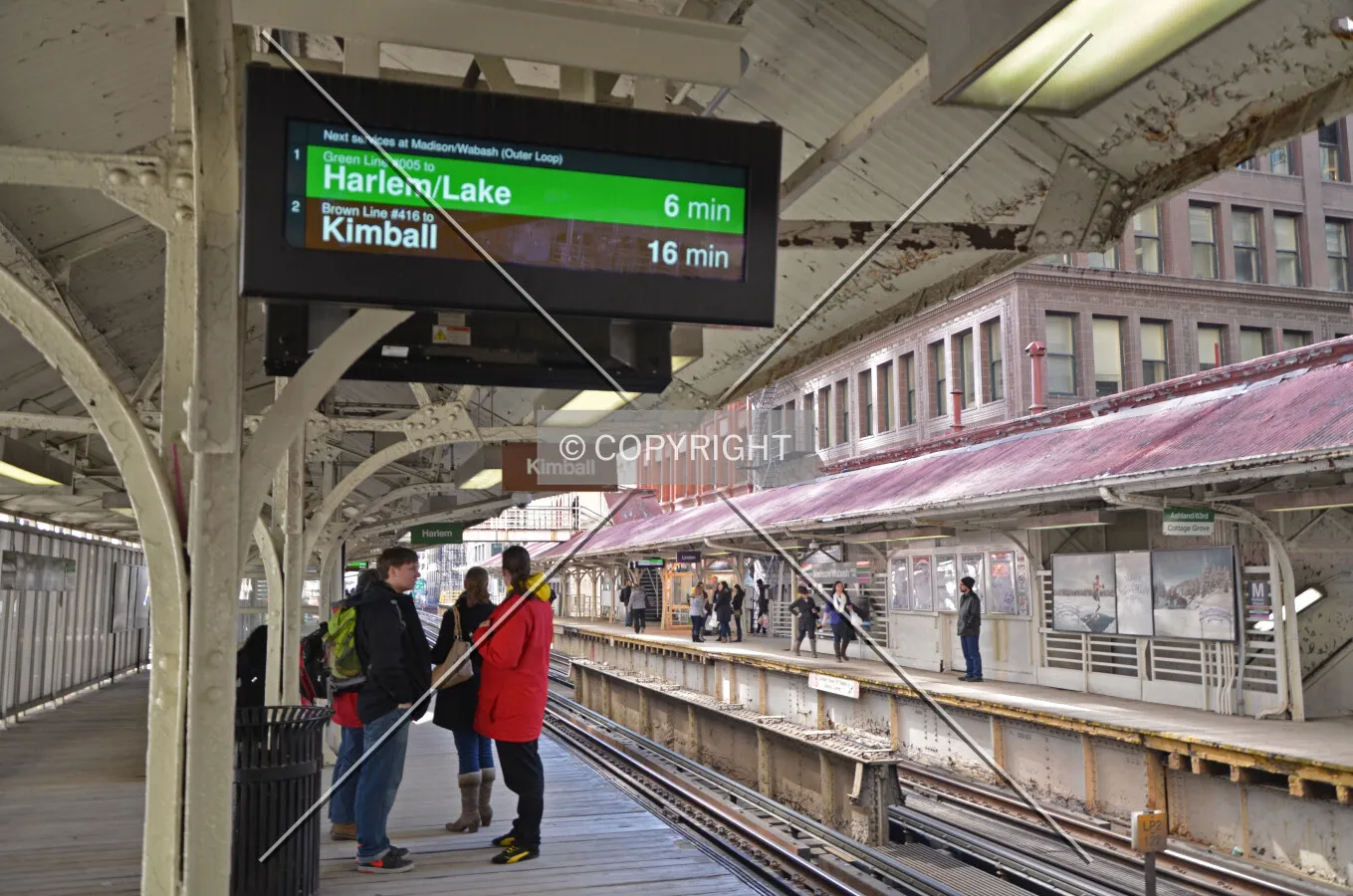 Train tracker display signs attached to the eastern platform canopy; March 7, 2015.