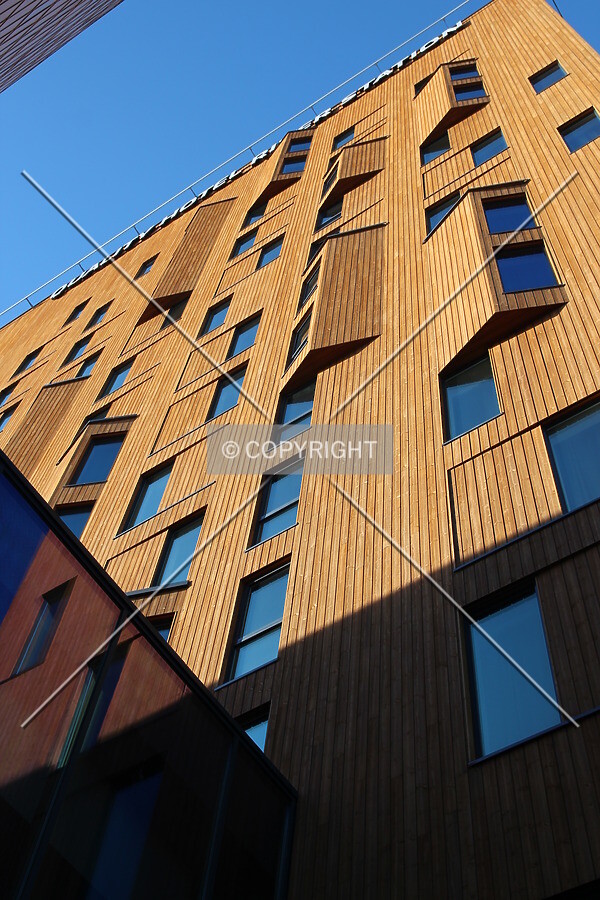 Looking up east facade