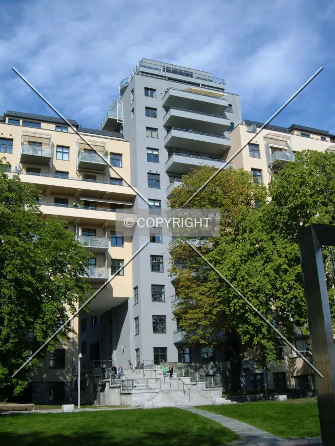 South facade view from a park