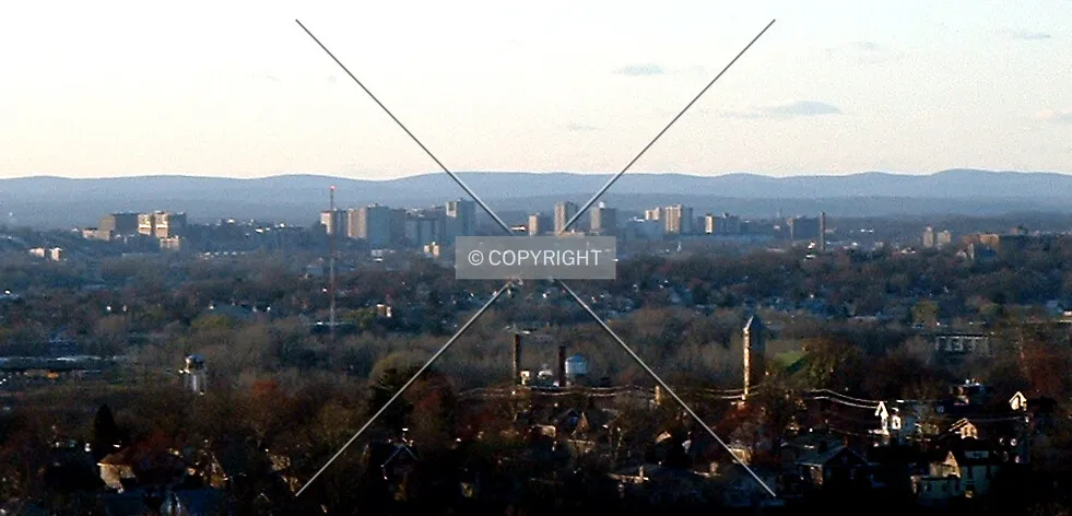 View northwest to Hackensack skyline and Ramapo Mountains from Fairview