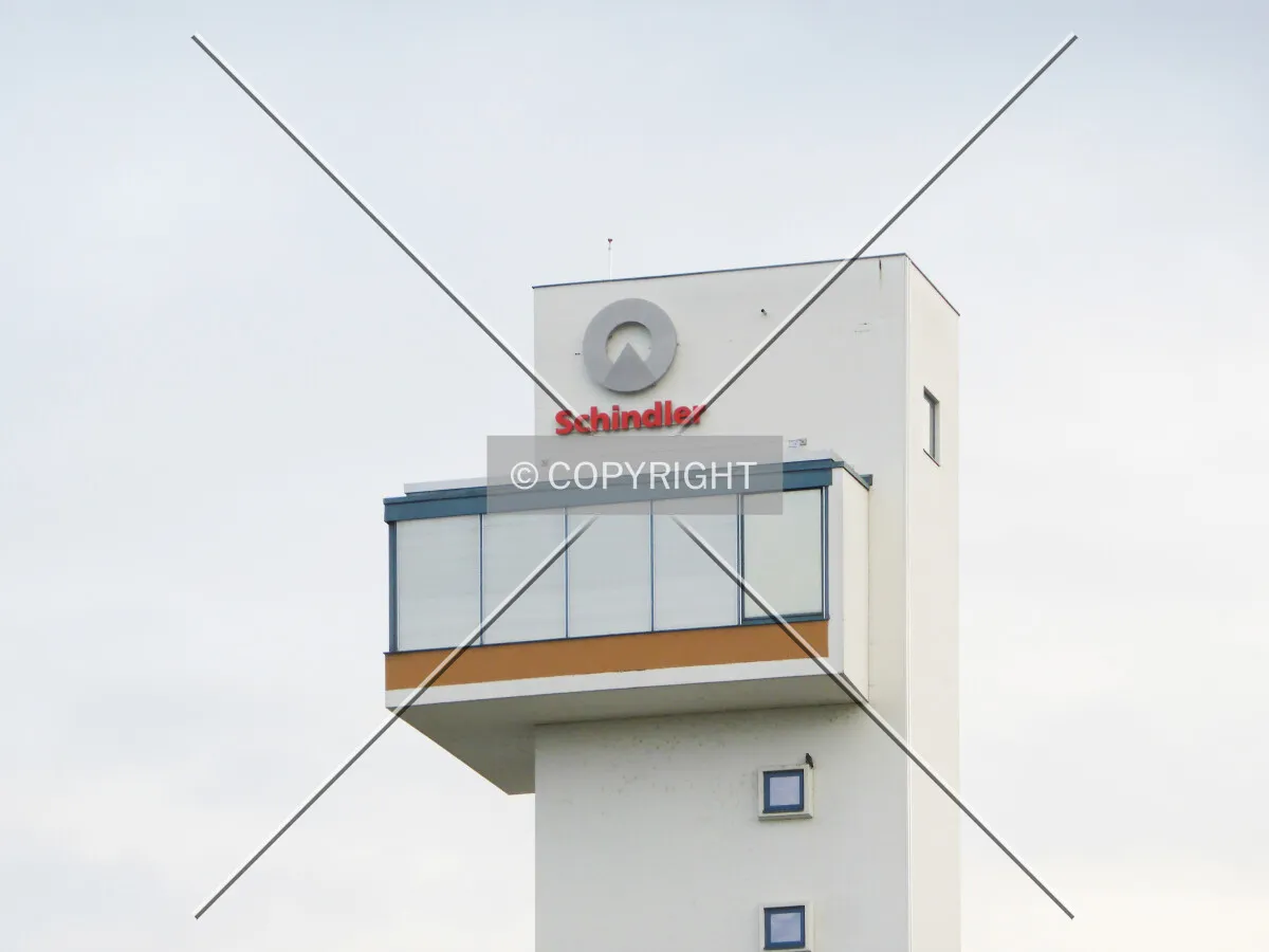 Elevator Testing Tower in Ebikon - Schindler logo at the top of the tower
