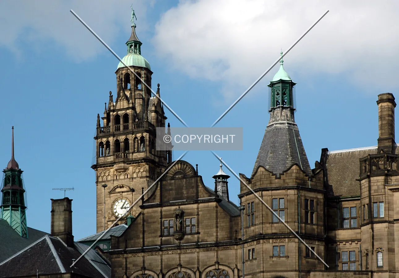 A roofscape of towers and spires