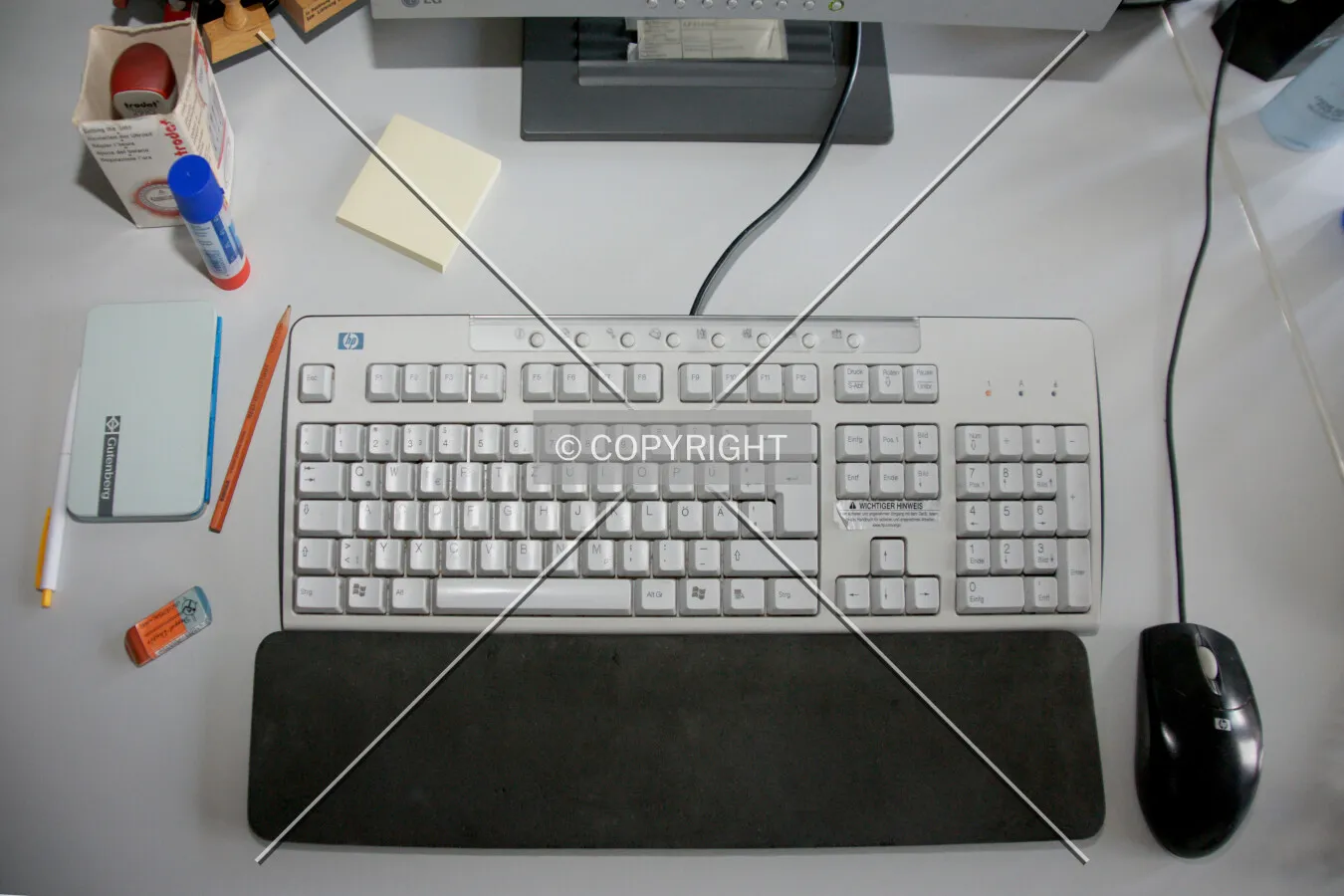 A desktop with mouse and keyboard