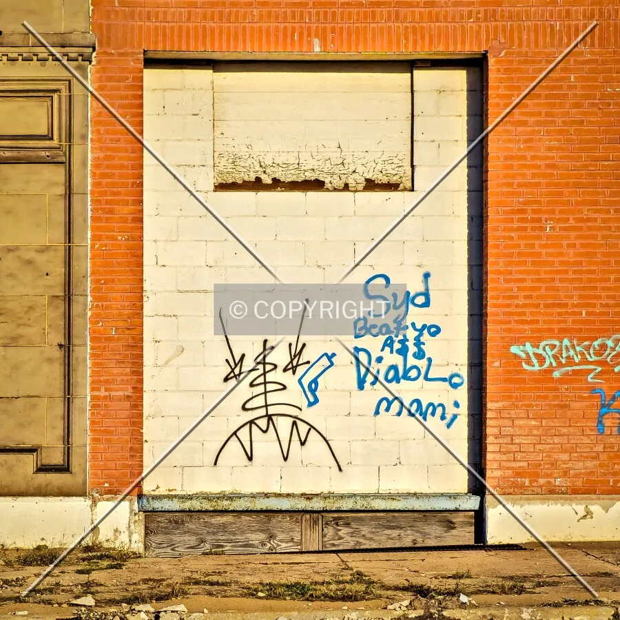 Graffiti on a boarded up window; November 15, 2024