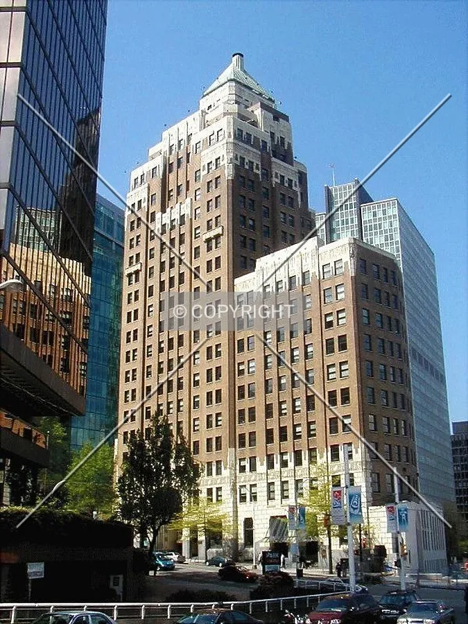 Marine Building's east facade from Waterfront Centre along West Cordova Street