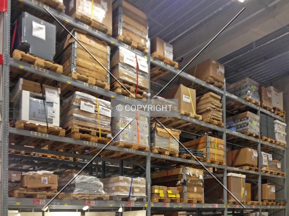 High steel racks in a warehouse