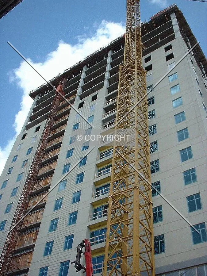 Looking up the south face, concrete panels being installed