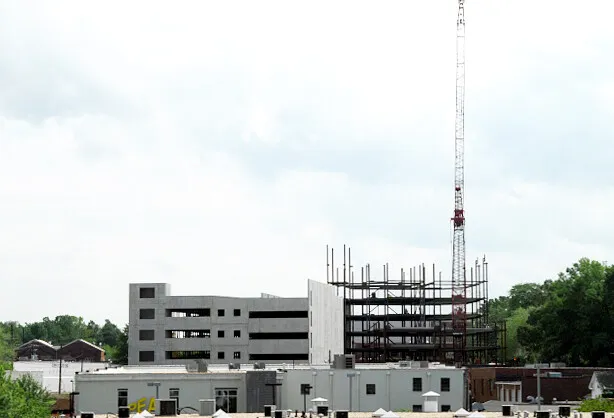View from the north with the parking deck to the left