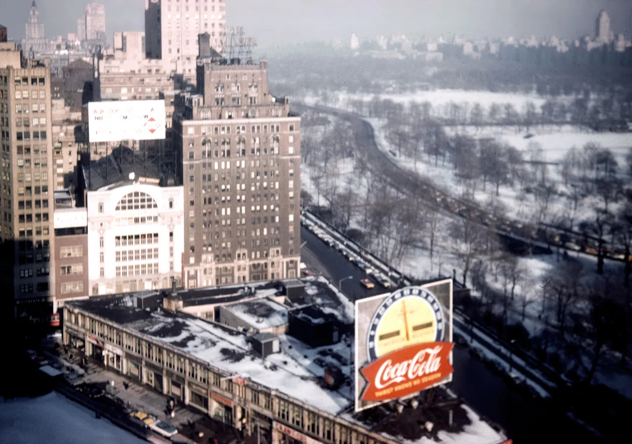 View northeast toward Central Park before clearance for 15 Columbus Circle