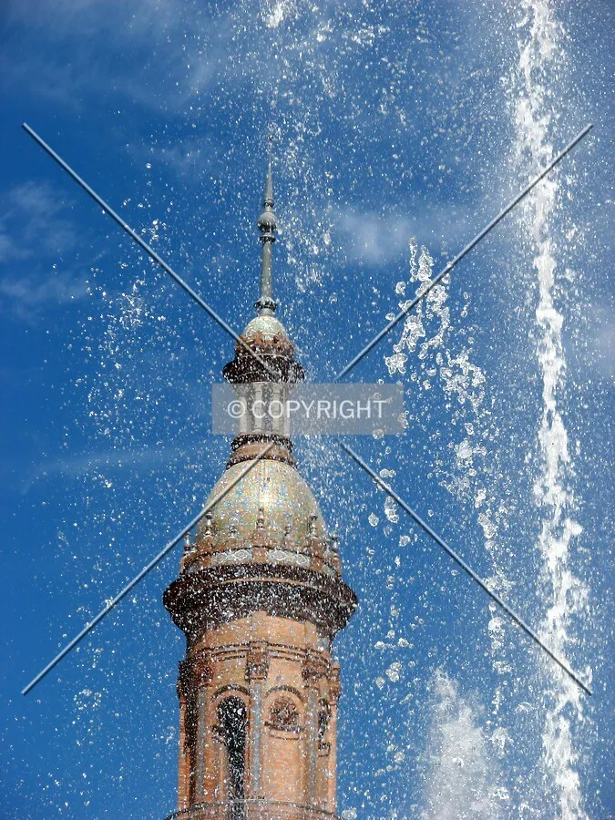Top of a wing tower seen from the central fountain