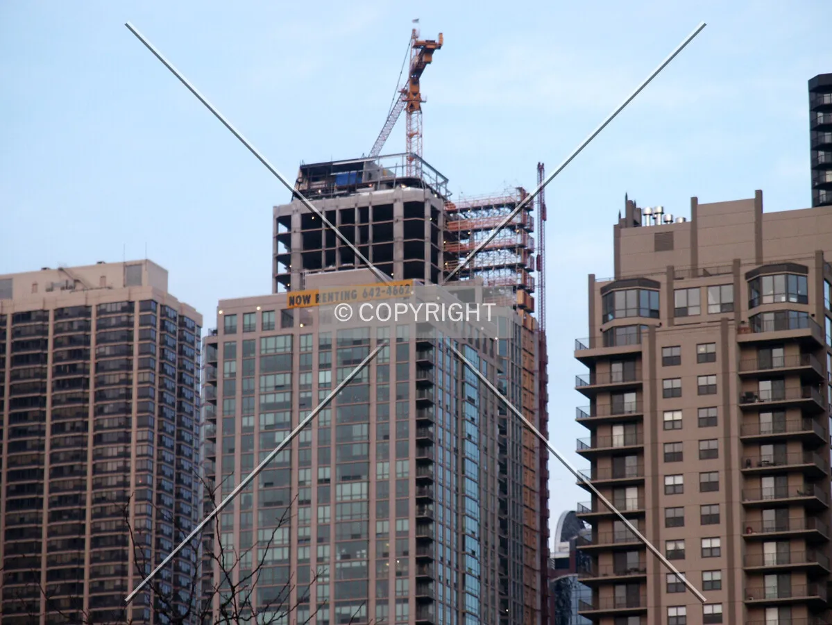 Distant view of the top, with scaffolds reaching to the hoist