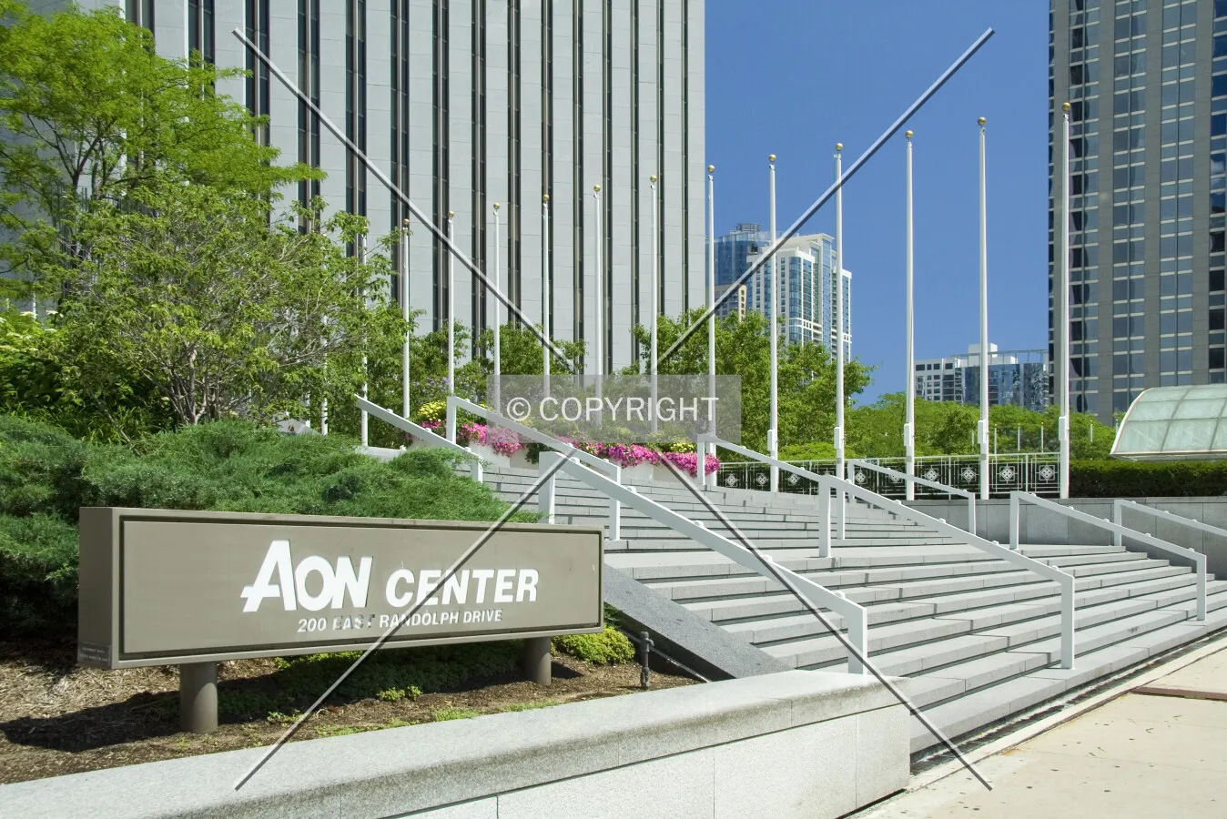 Building sign and stairs to the main plaza