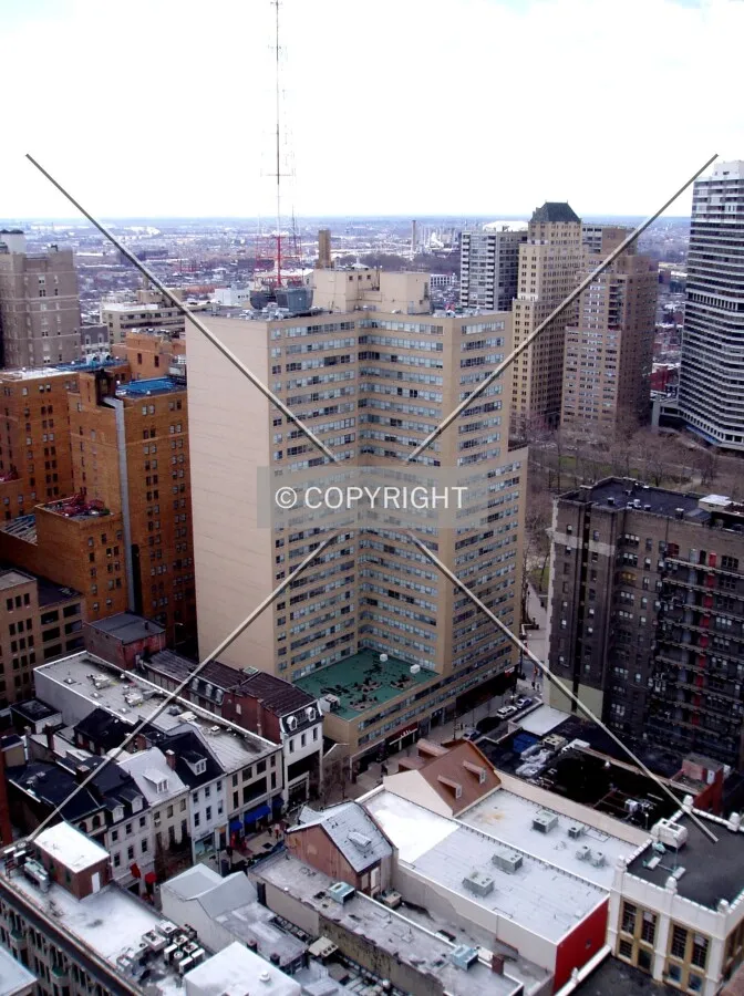 Looking down on Rittenhouse Square high-rises from the northeast