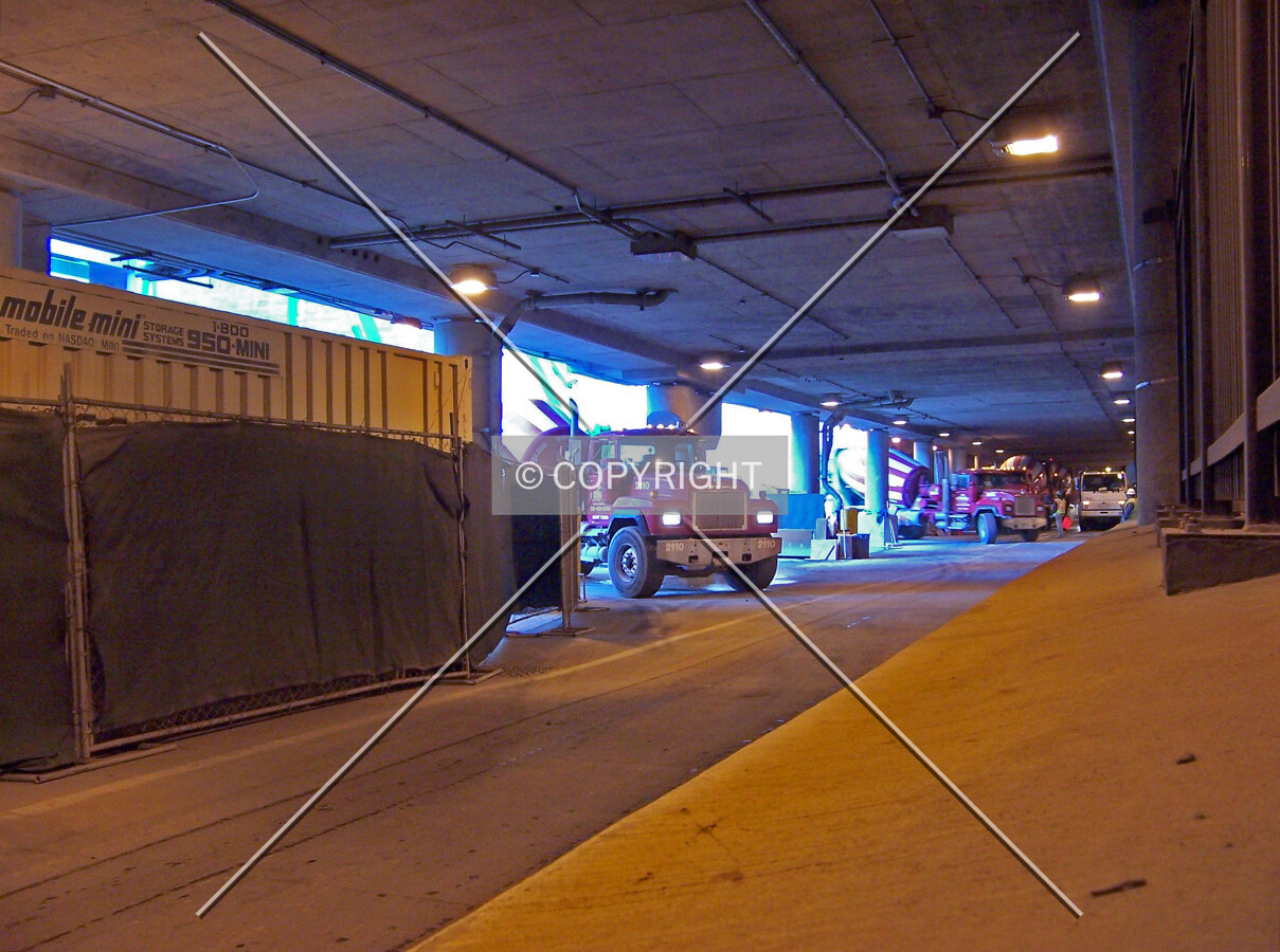 Concrete truck staging area on Lower Wacker Drive during the mat foundation pour