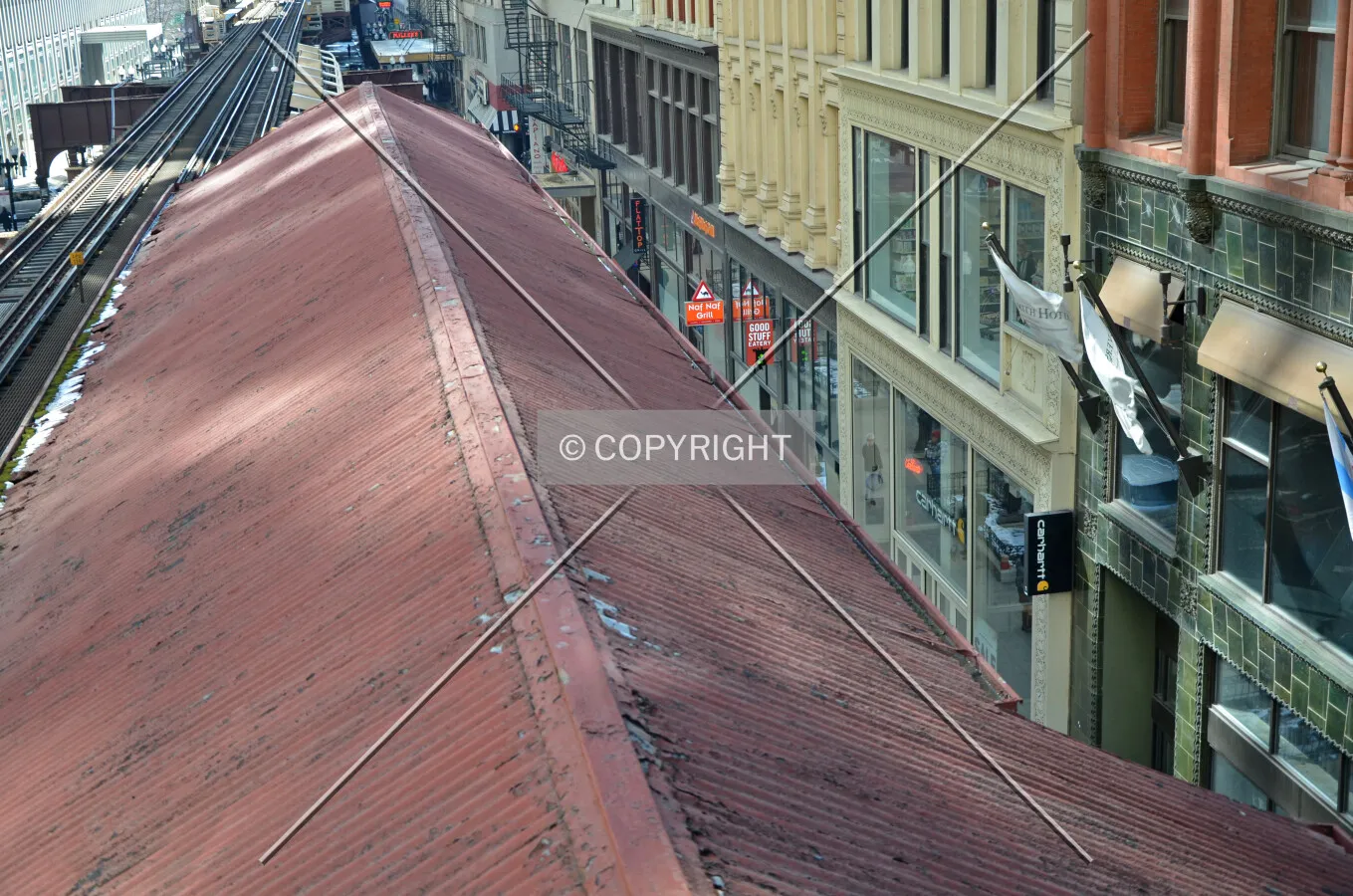 Looking south from the transfer bridge over the rooftop of the western platform canopy; March 7, 2015.