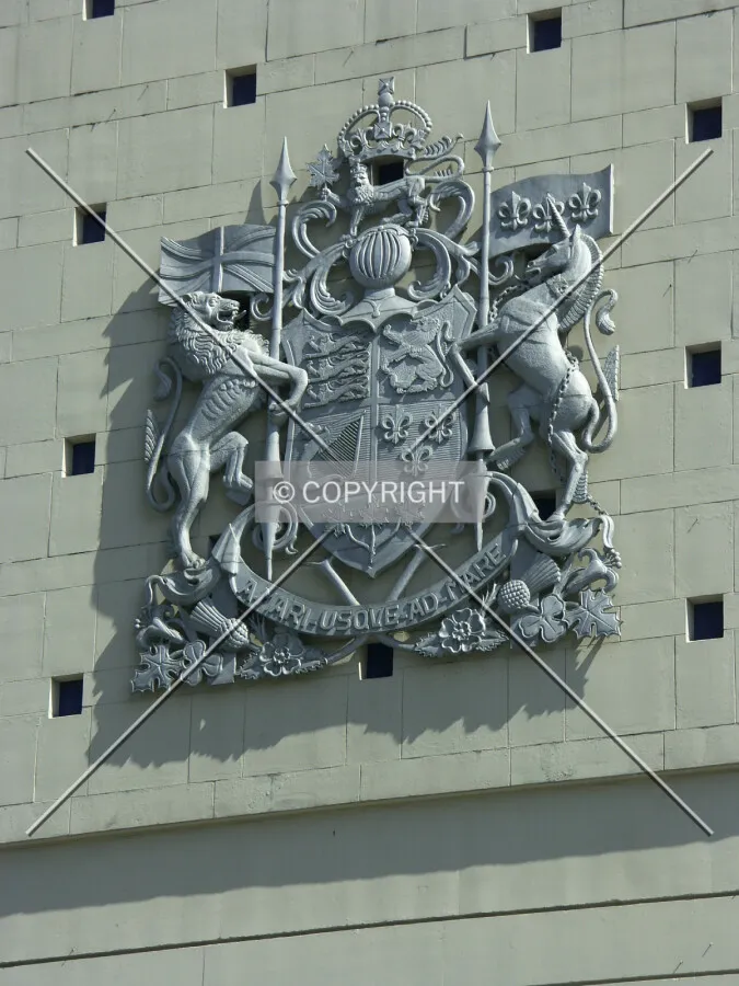 Close-up of Canada's Coat of Arms on building (in two places)