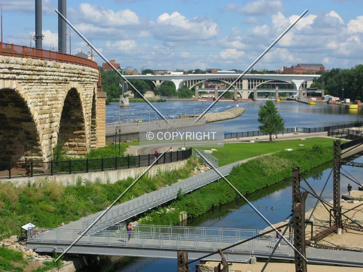 View down the Mississippi River from Mill Ruins Park and the west end of the Stone Arch Bridge