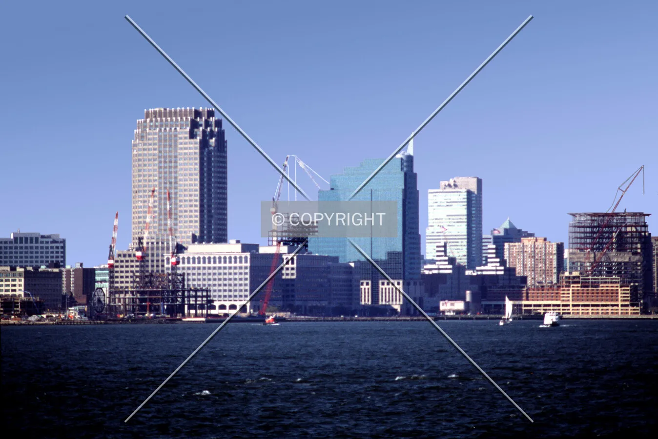 View from the southeast toward Exchange Place with 30 Hudson Street and Harborside V and X under construction