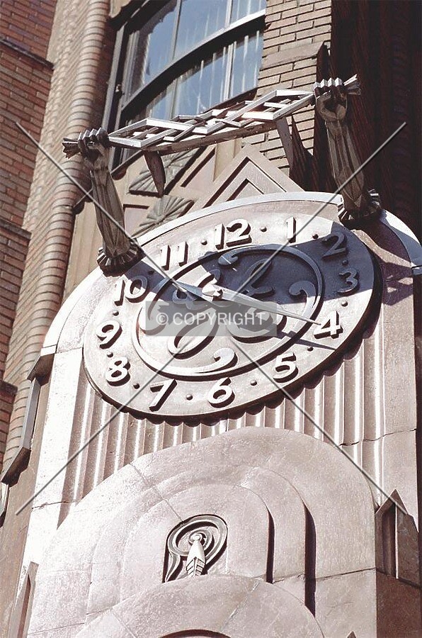 Clock above the entrance at the northeast corner of the building