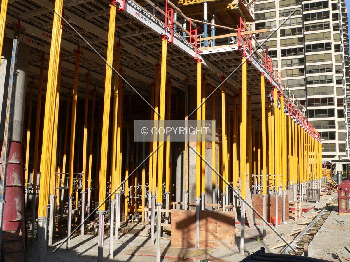 Supports holding up formwork for the next level of decking to be poured