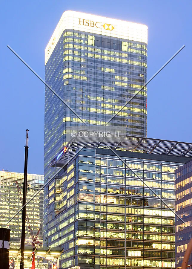 View southeast from West India Quay at dusk