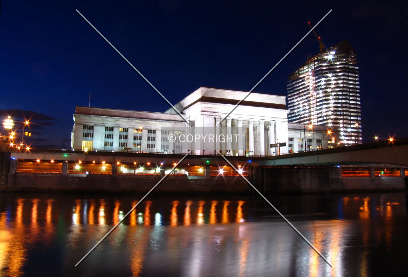 From the southeast, with 30th Street Station, the JFK Blvd bridge, and the Schuylkill River