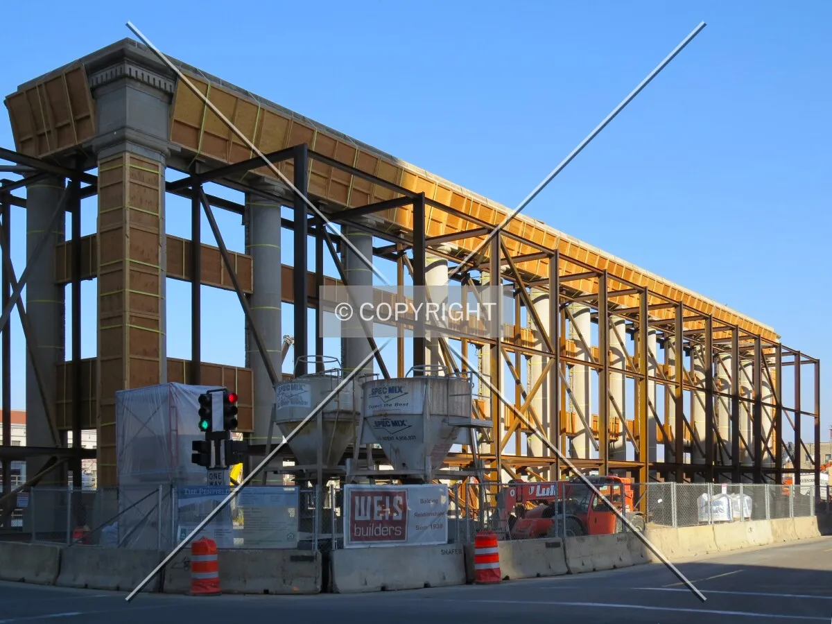 Front view of the old Public Safety Building facade being preserved for this project