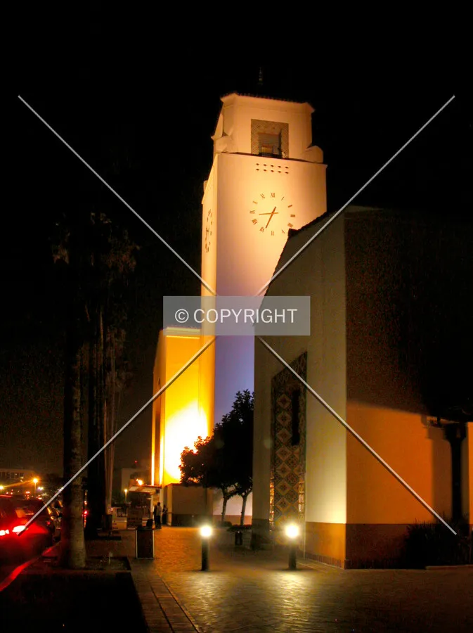 Colorfullly illuminated clock tower