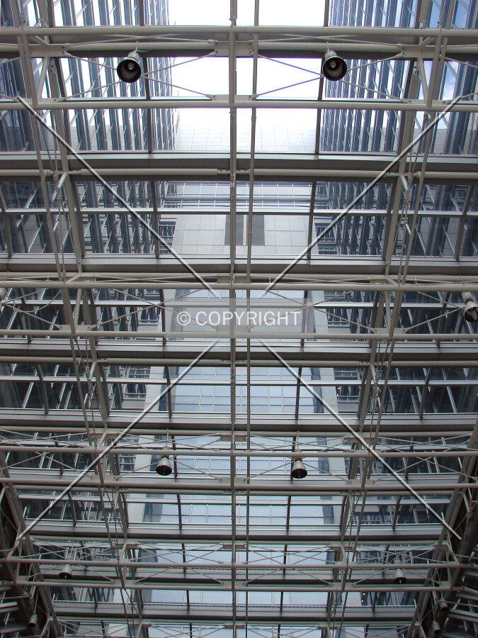 View through the glass roof as seen from the northern courtyard