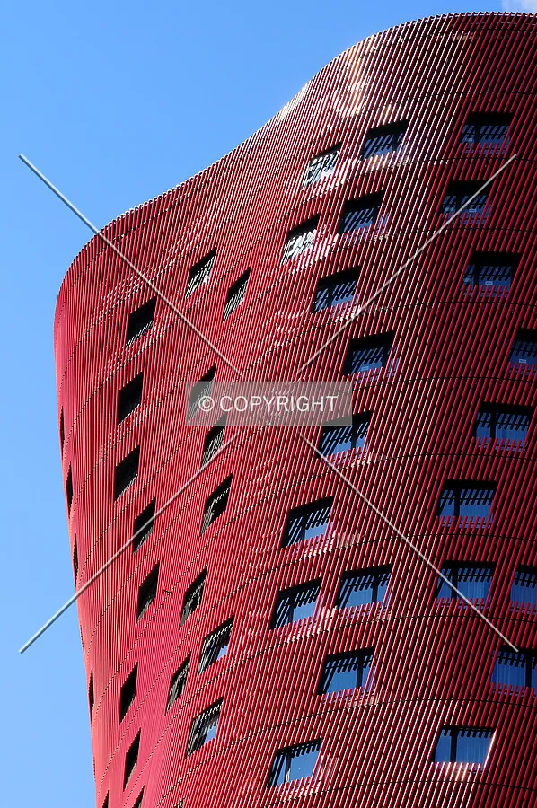 Close-up of building's tower Hotel Fira designed by architect Toyo Ito