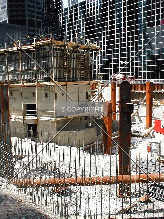 Looking northwest towards concrete core and heavy steel being erected