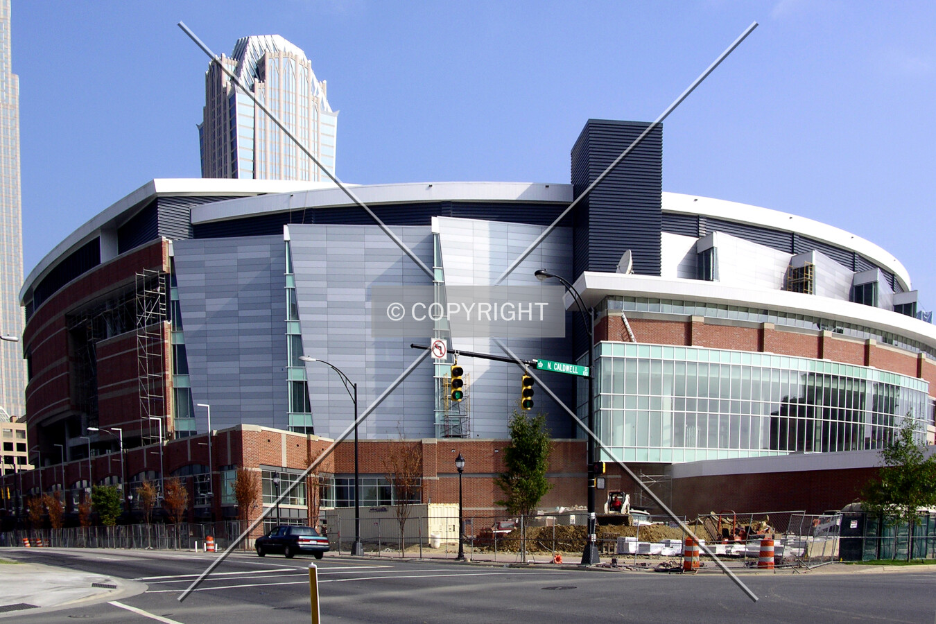 Looking northwest from the corner of Trade and Caldwell Streets