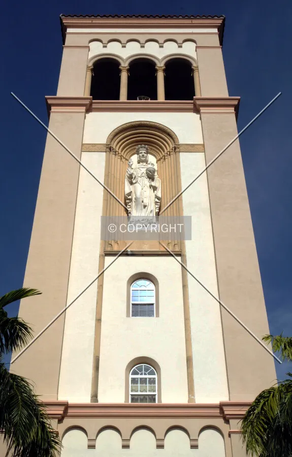 Looking up at bell tower from the west
