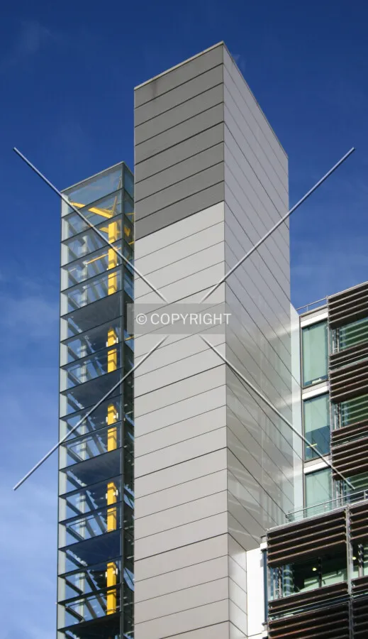 View north of a stairway and services tower from North Wharf Road