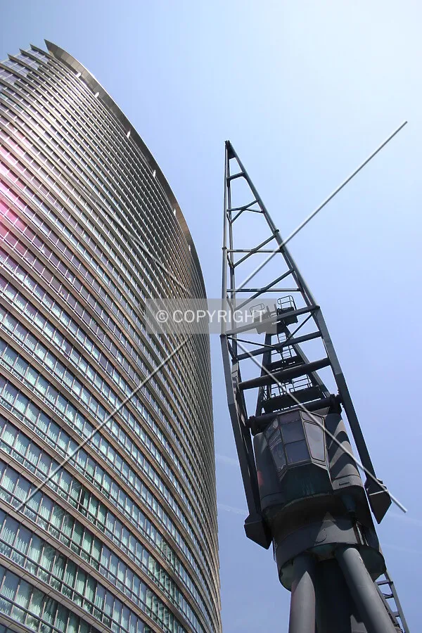 A crane from Docklands' maritime past juxtaposed against the south façade