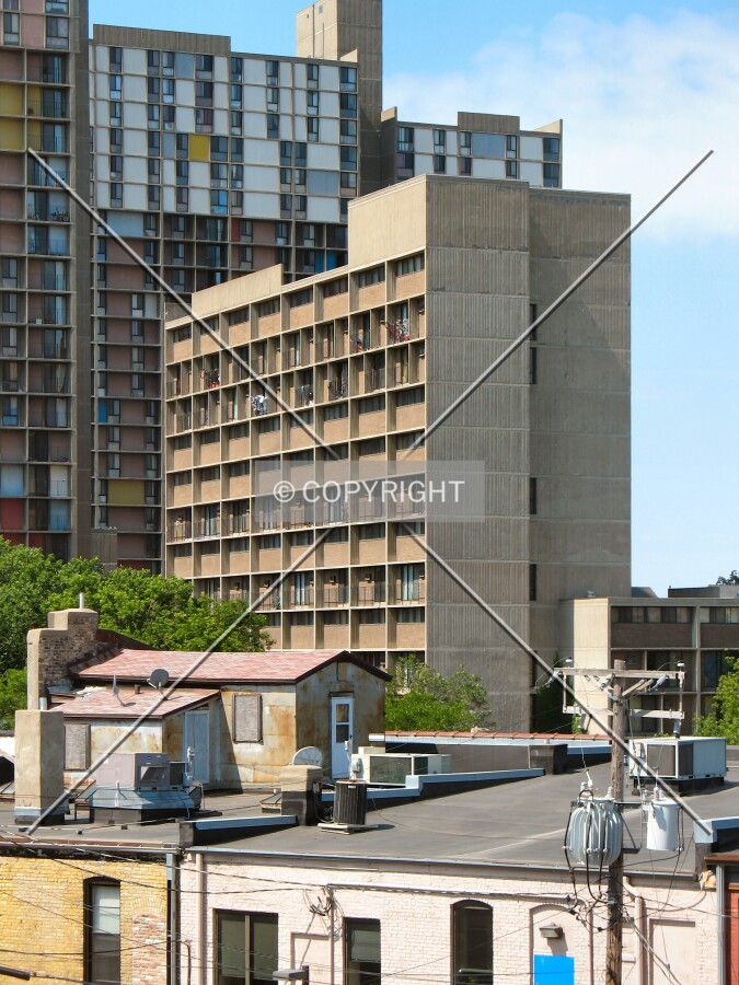 View to the southwest from the19th Avenue Ramp, over early 20th century rooftops along Cedar Avenue