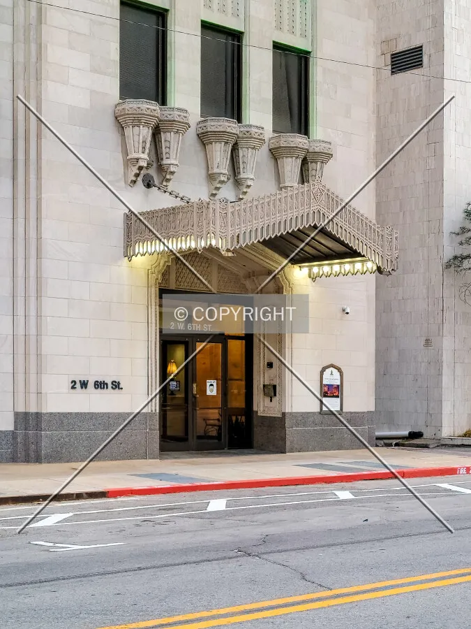 Evening view of the north entrance; April 2, 2021