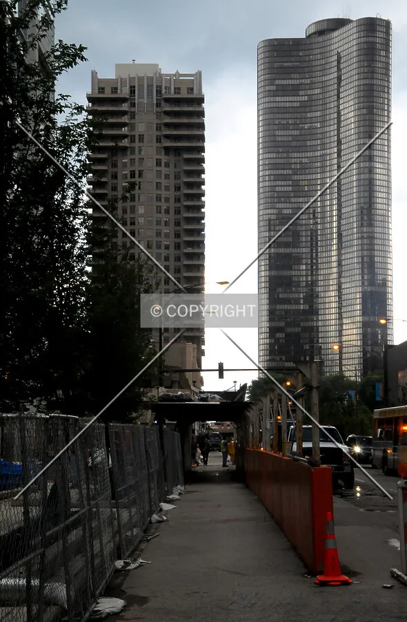 Partially dismantled scaffolding along Grand Avenue
